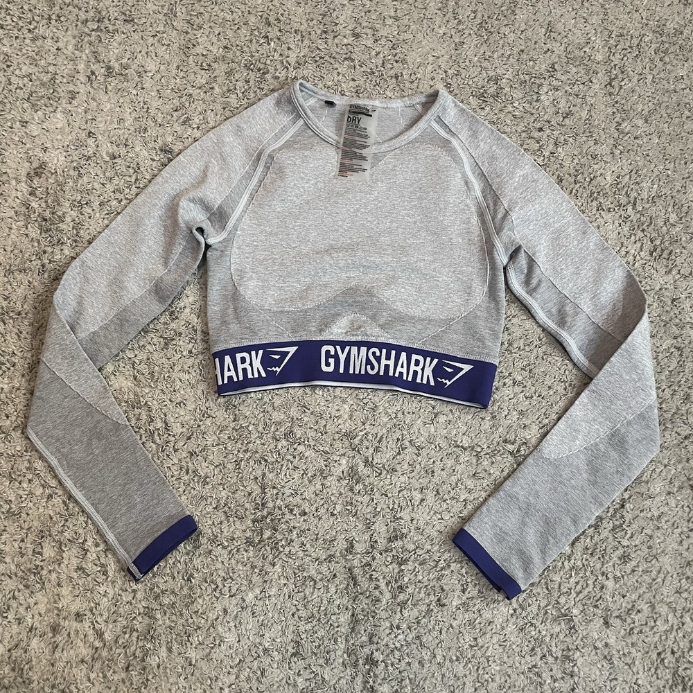 Gymshark Women's XS Flex Long Sleeve Crop Top Dry Grey Indigo Gym